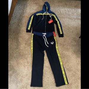 True Religion Black and Blue Hoodie with Yellow Trim and Pants Set.